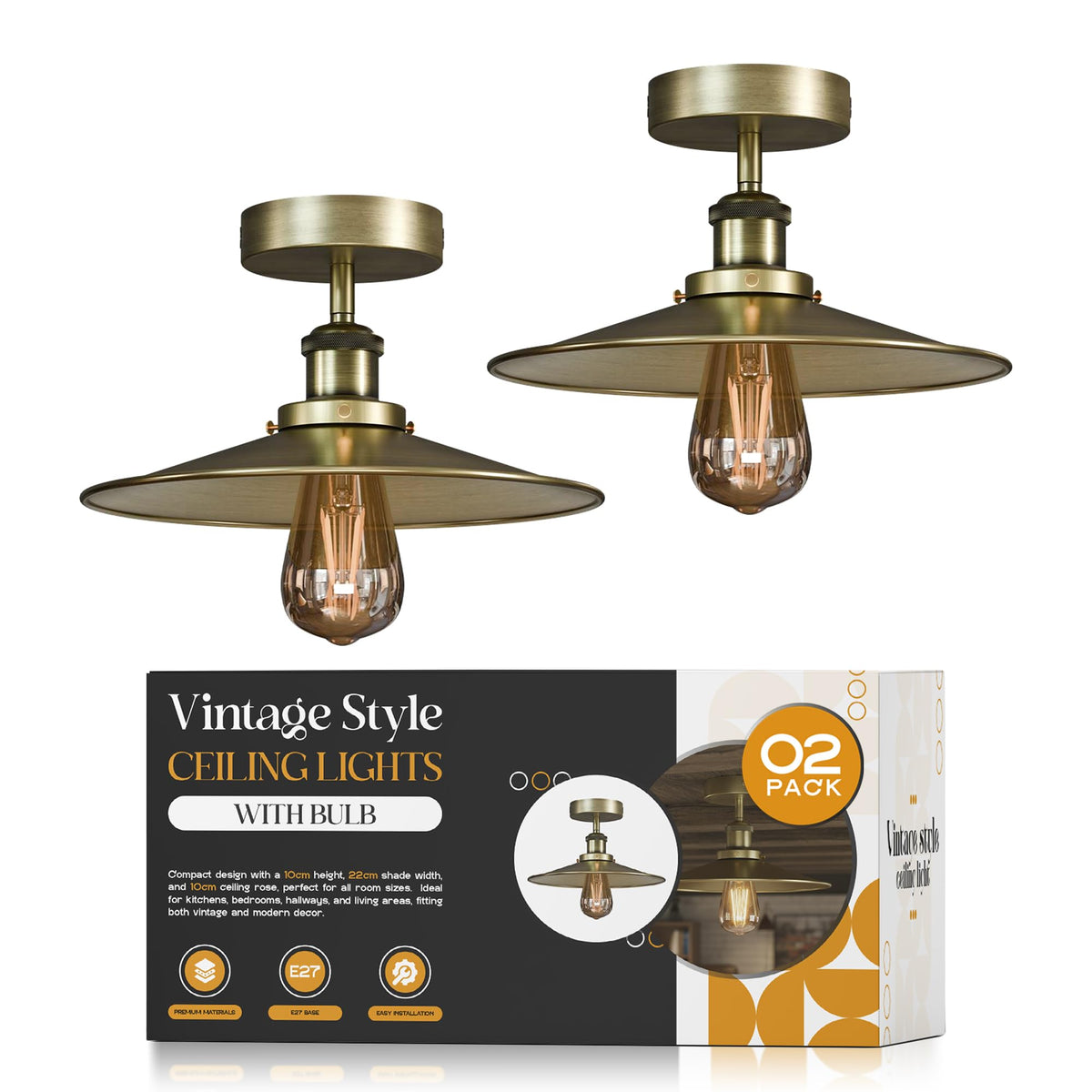 2 Pack Vintage E27 Flush Mount Ceiling Lights~4082