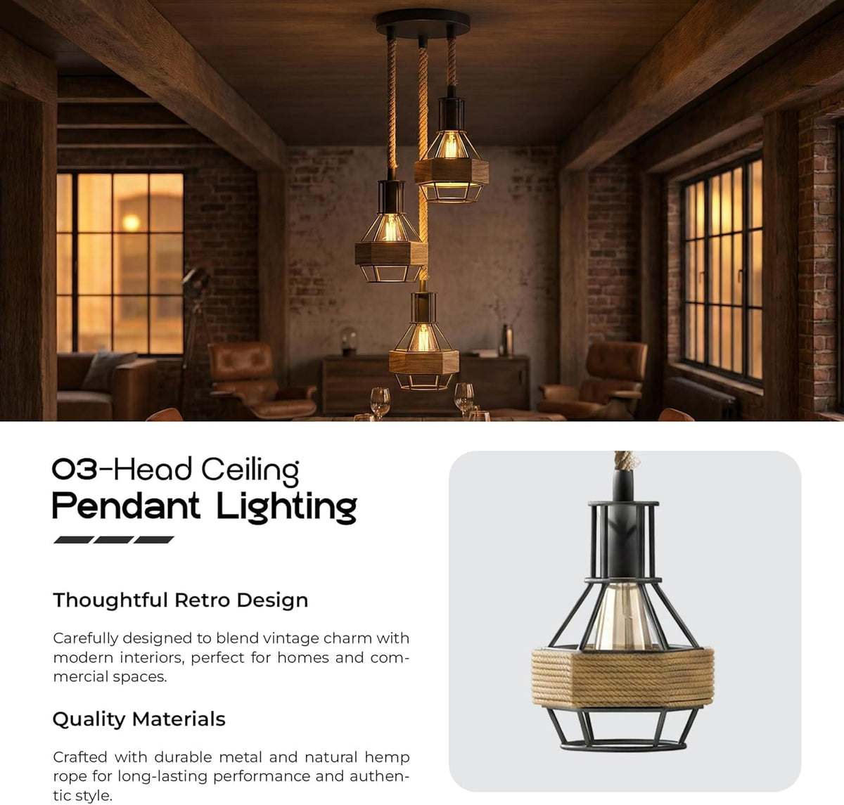 3Head Metal Pendant Light Fitting Hemp Rope E27 Ceiling Lamp ~3737