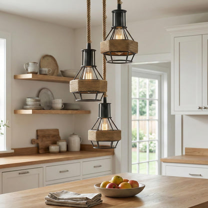 Jute Rope Pendant Light Fitting with Metal Shades~4084
