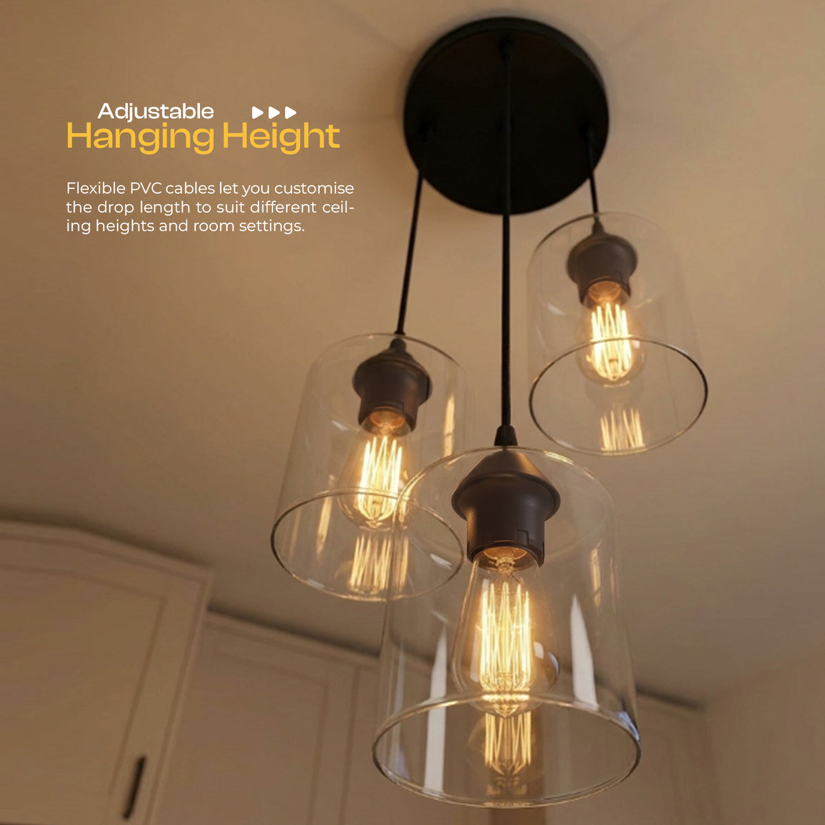 3 Light Pendant, Black Wire Cage or Clear Glass Shades, E27~4088