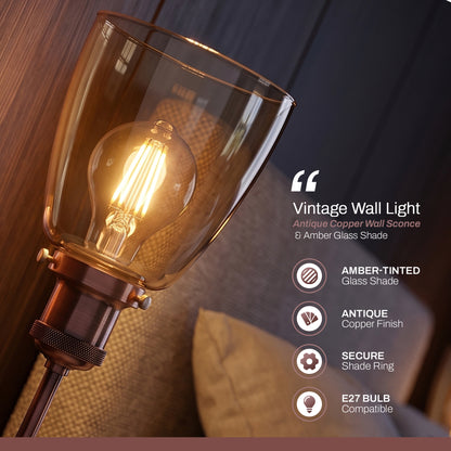 Glass Wall Light, Amber Bell Copper or Black Ribbed Tulip, E27~4089