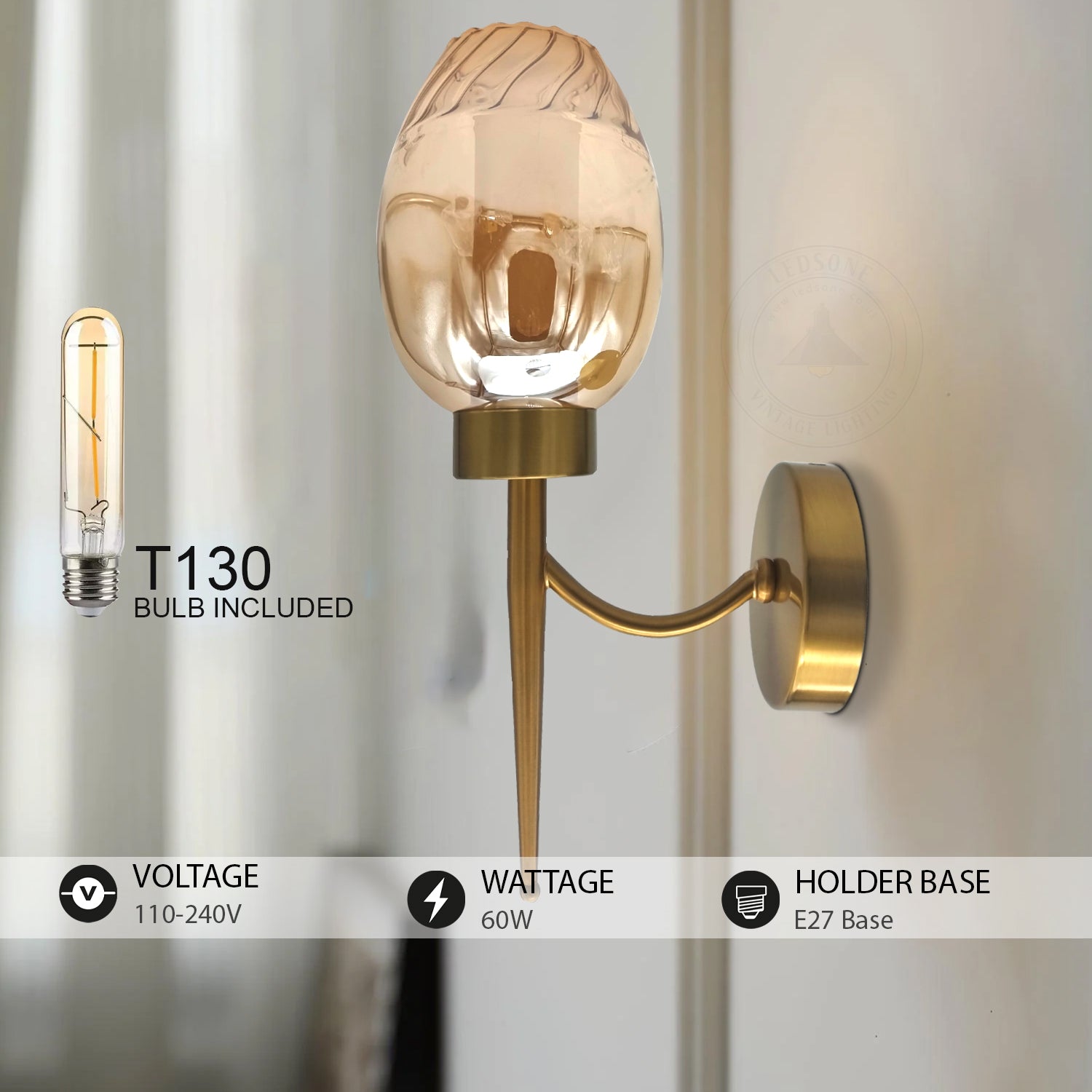 Modern Wall Light with Amber Glass Lampshade & Copper Plate for  Living Rooms, Bedside Reading&Bars - Application Image 