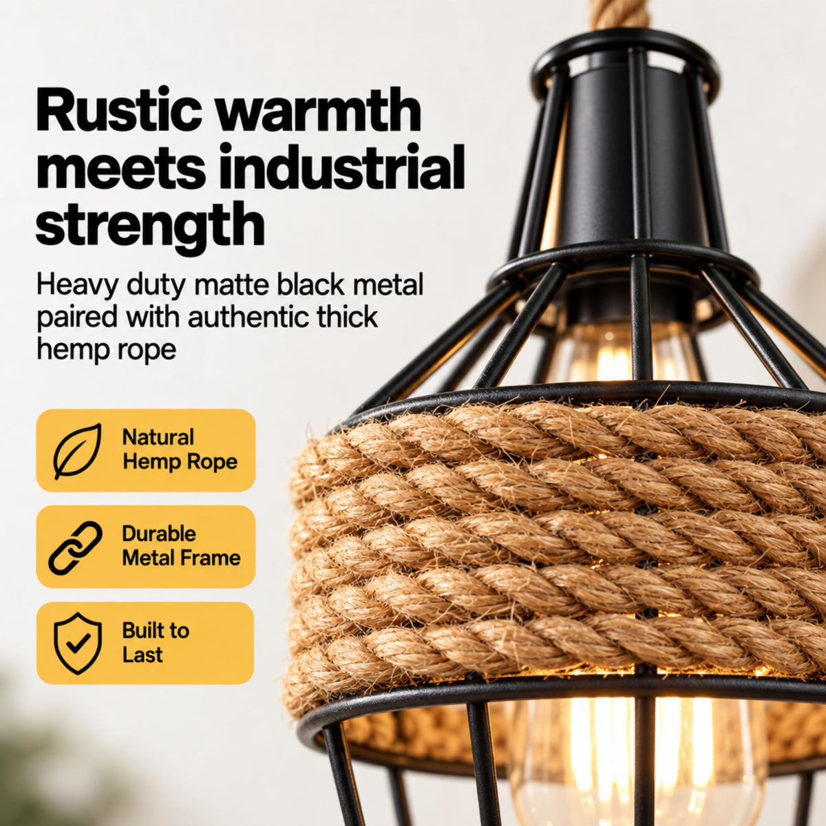 Jute Rope Pendant Light Fitting with Metal Shades~4084
