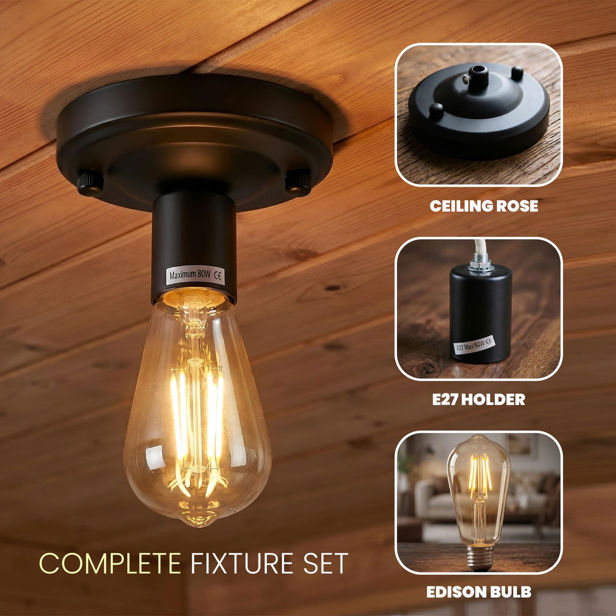 2 Pack Vintage Ceiling Lamp E27 Flush Mount Light Fixture~4085