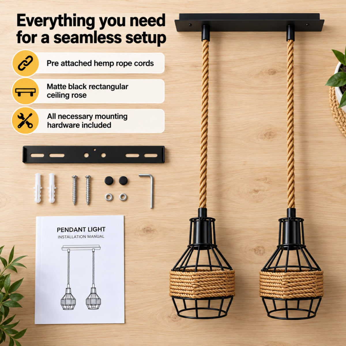 Jute Rope Pendant Light Fitting with Metal Shades~4084