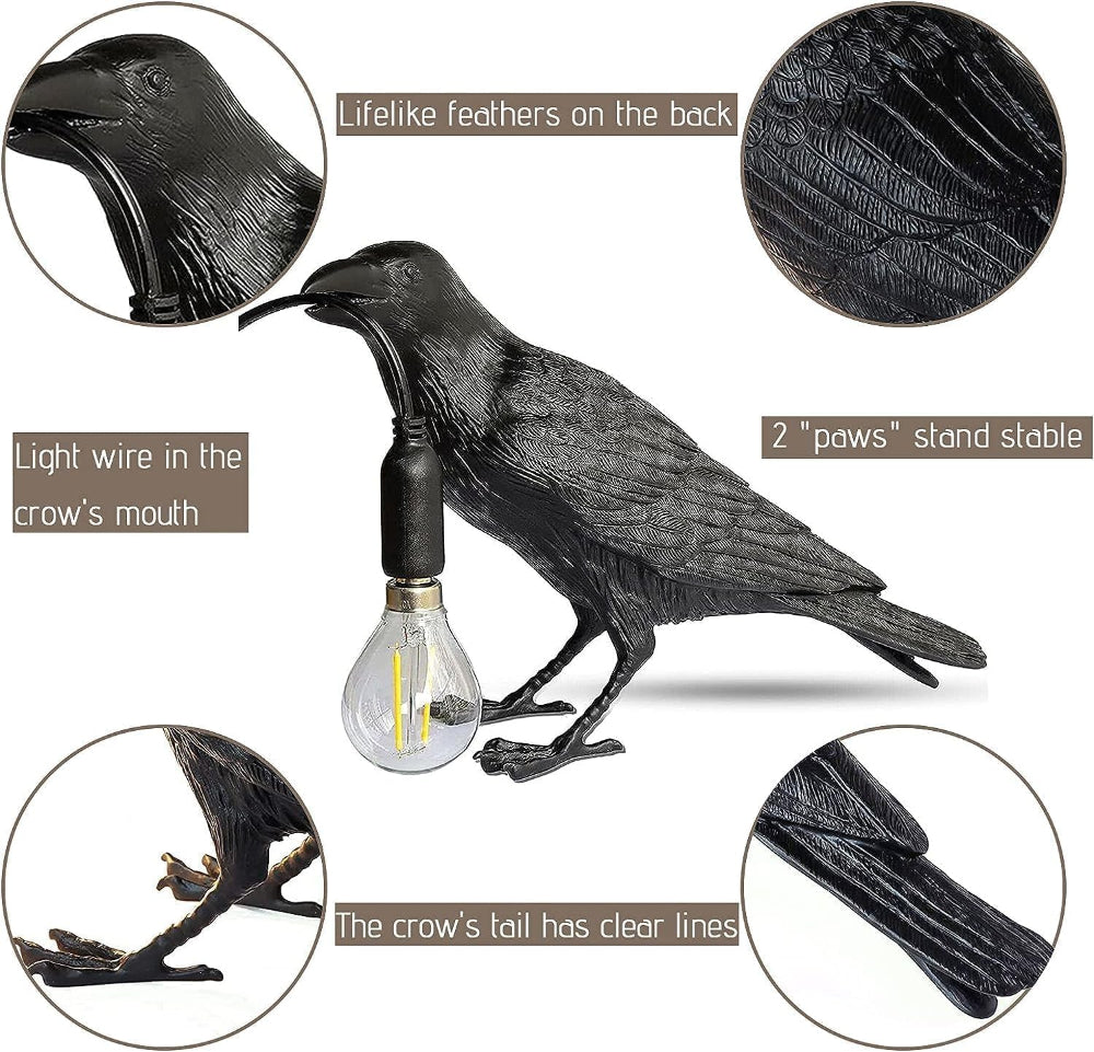 Black crow lamp as statement décor on a home bar counter