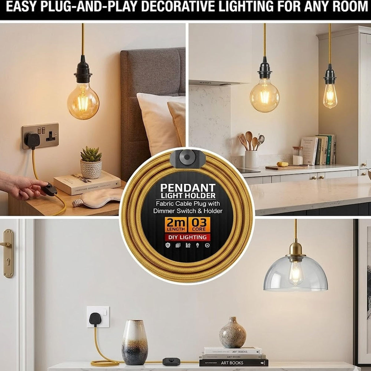 2m Plug in Pendant Light Fabric Cable  E27 Socket~4101