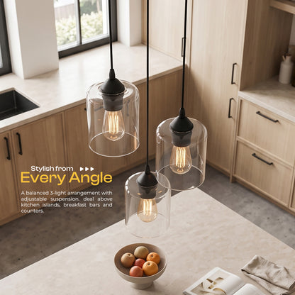 3 Light Pendant, Black Wire Cage or Clear Glass Shades, E27~4088