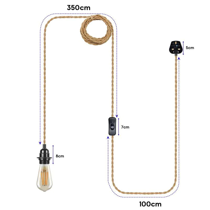 Industrial Hanging Adjustable Hemp Rope Switch Plug Pendant Light~3447