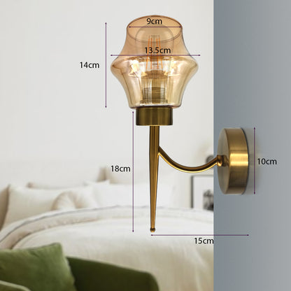  Modern Wall Light with Amber Glass Wall Sconce, Copper Plated Finish – Perfect Lighting for Living Room, Bedside Reading, Corridor, Stairs, Office& Bar- Size image