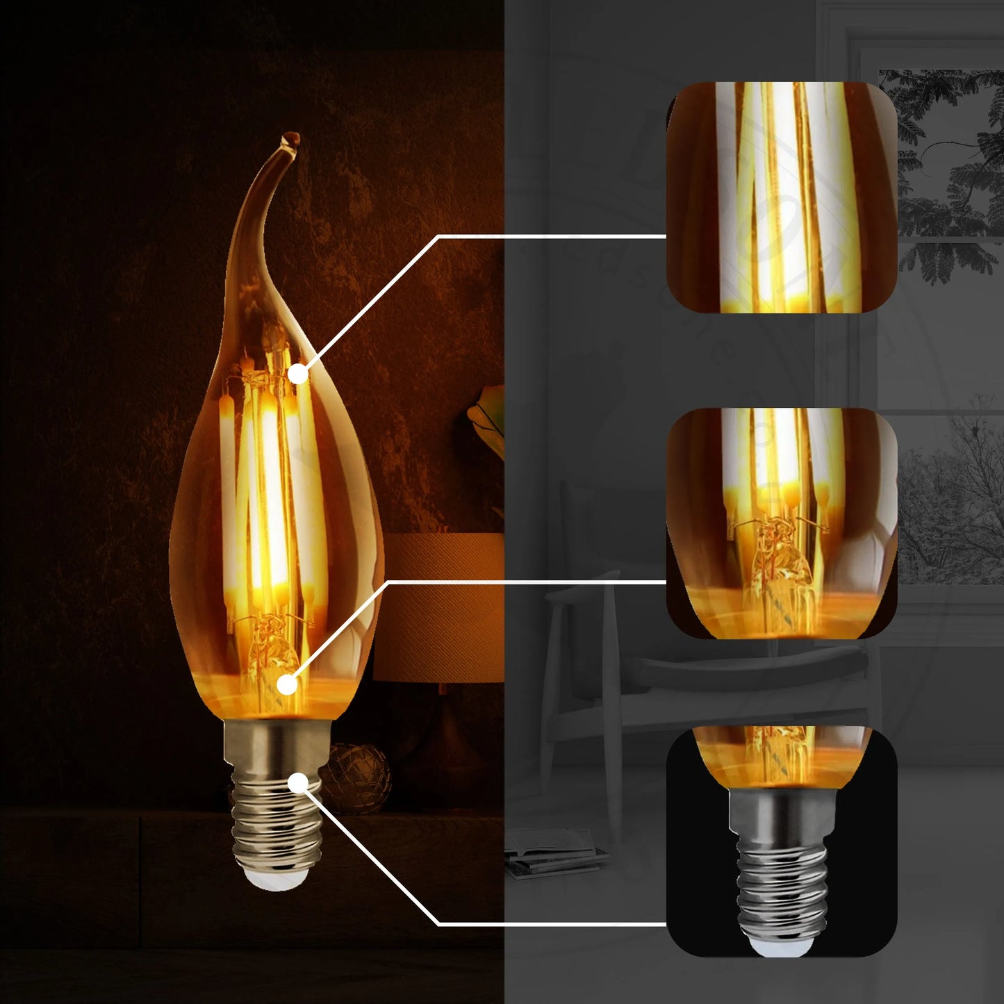 E14 4W C35 LED Dimmable Bent tip Vintage Flame Candle Light Bulb~2994