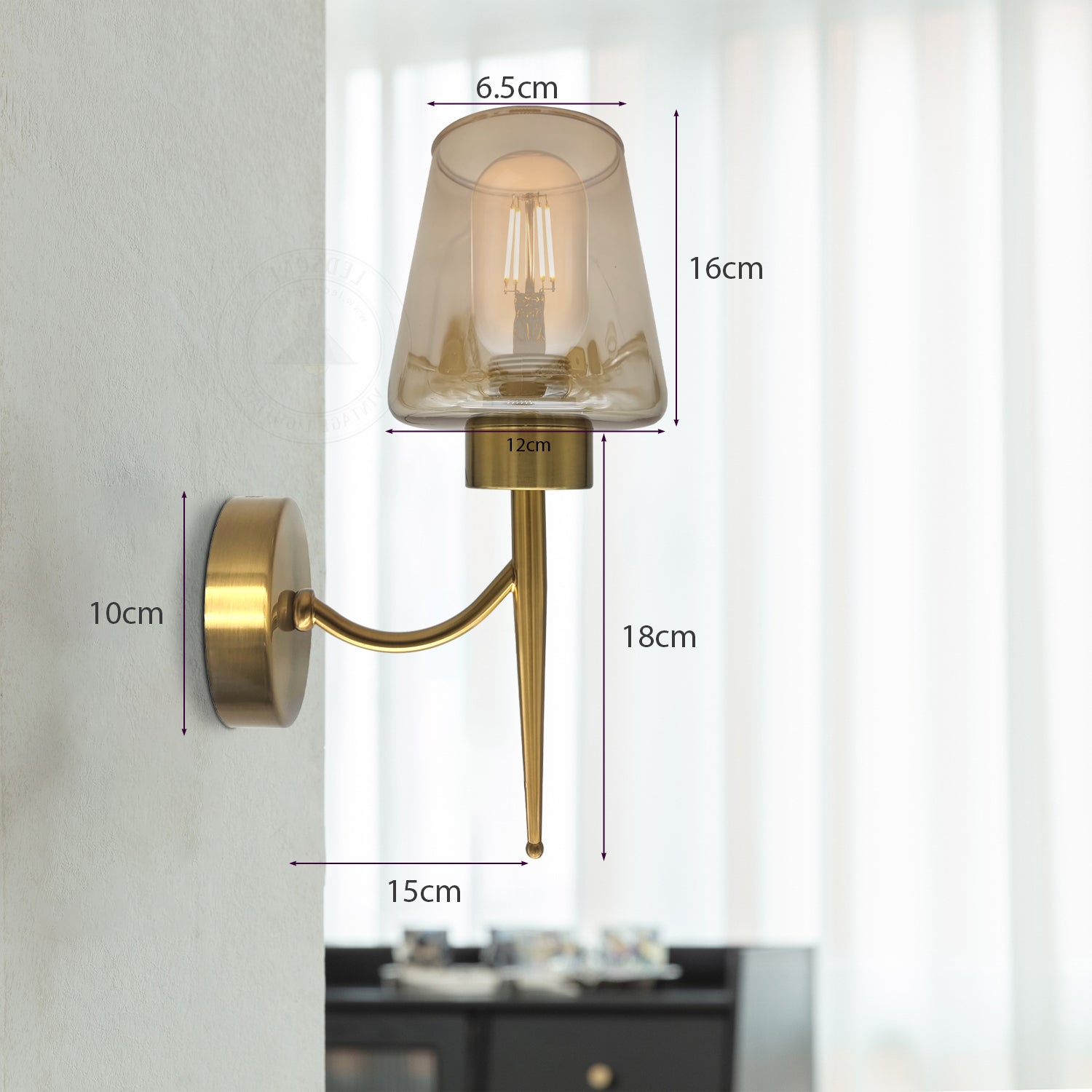Modern Amber Glass Plate Wall Light with Bell/Mug Shape Lampshade – Ideal for Bedrooms, Hallways, Lounge, Kitchens, and Chic Bar Spaces - Size Image