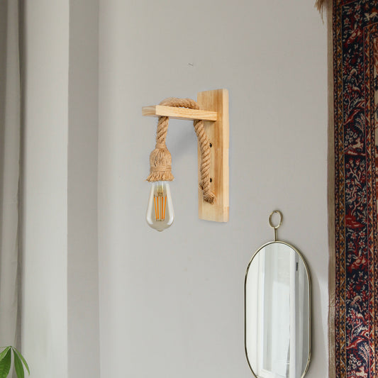 Vintage Wooden Hemp Rope Wall Sconce Light with Retro Appeal- Application Image 