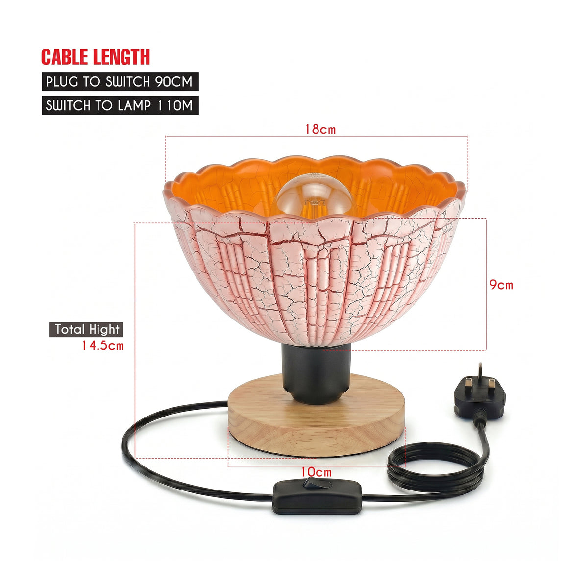 Wooden Bedside Lamp with Crackle Glass Shade~4164