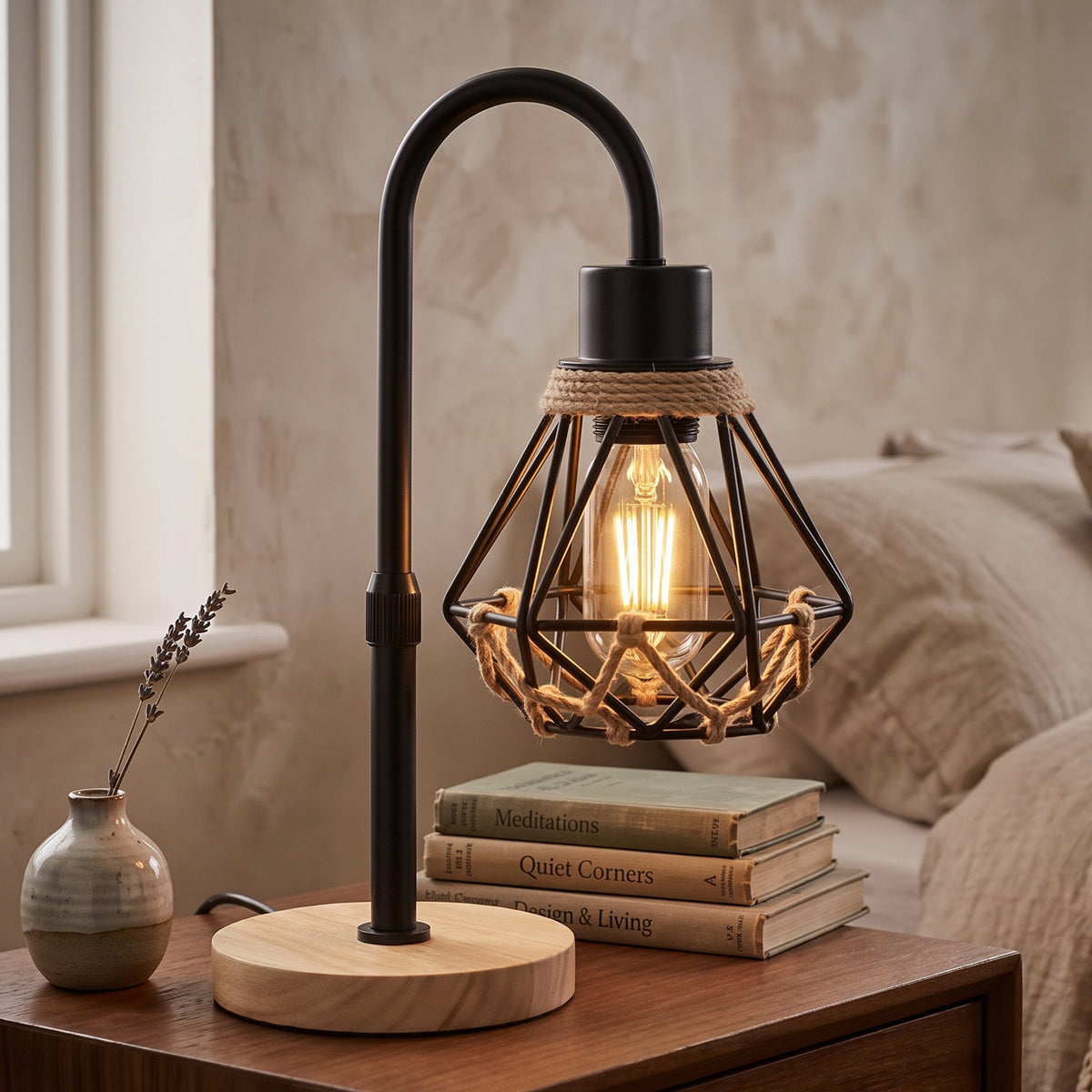 Wooden Table Lamp with Hemp Rope Black Metal Cage~4168