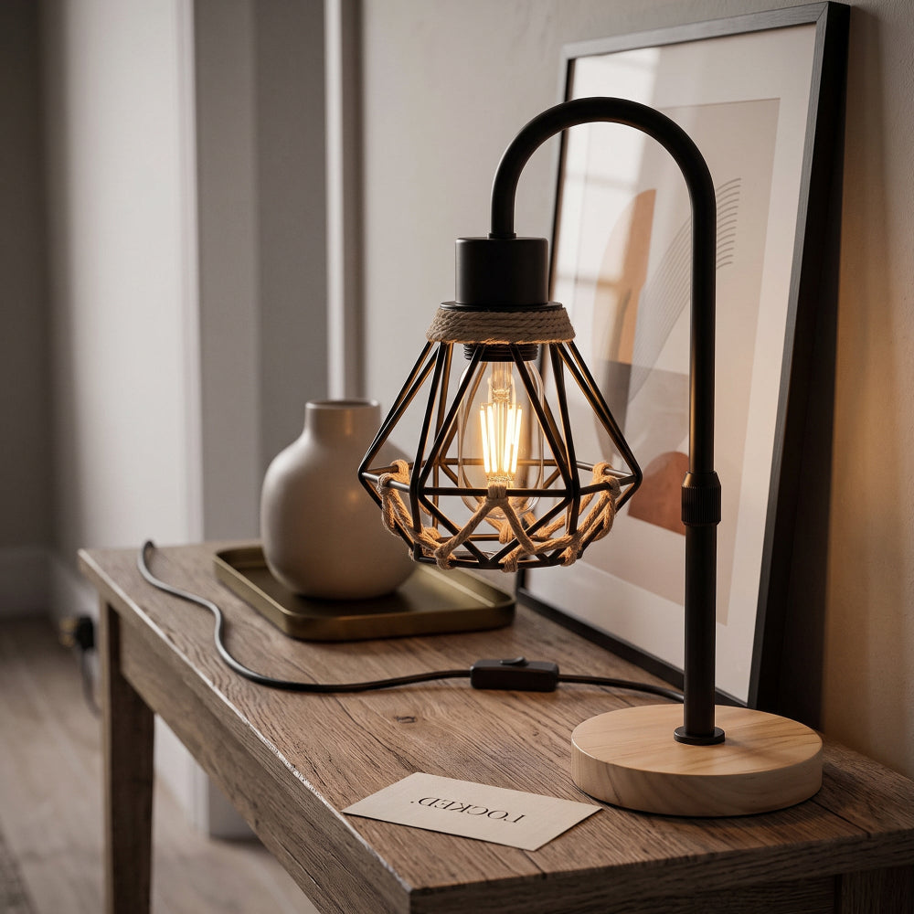Wooden table lamp for bedroom with E27 bulb fitting and inline switch cable