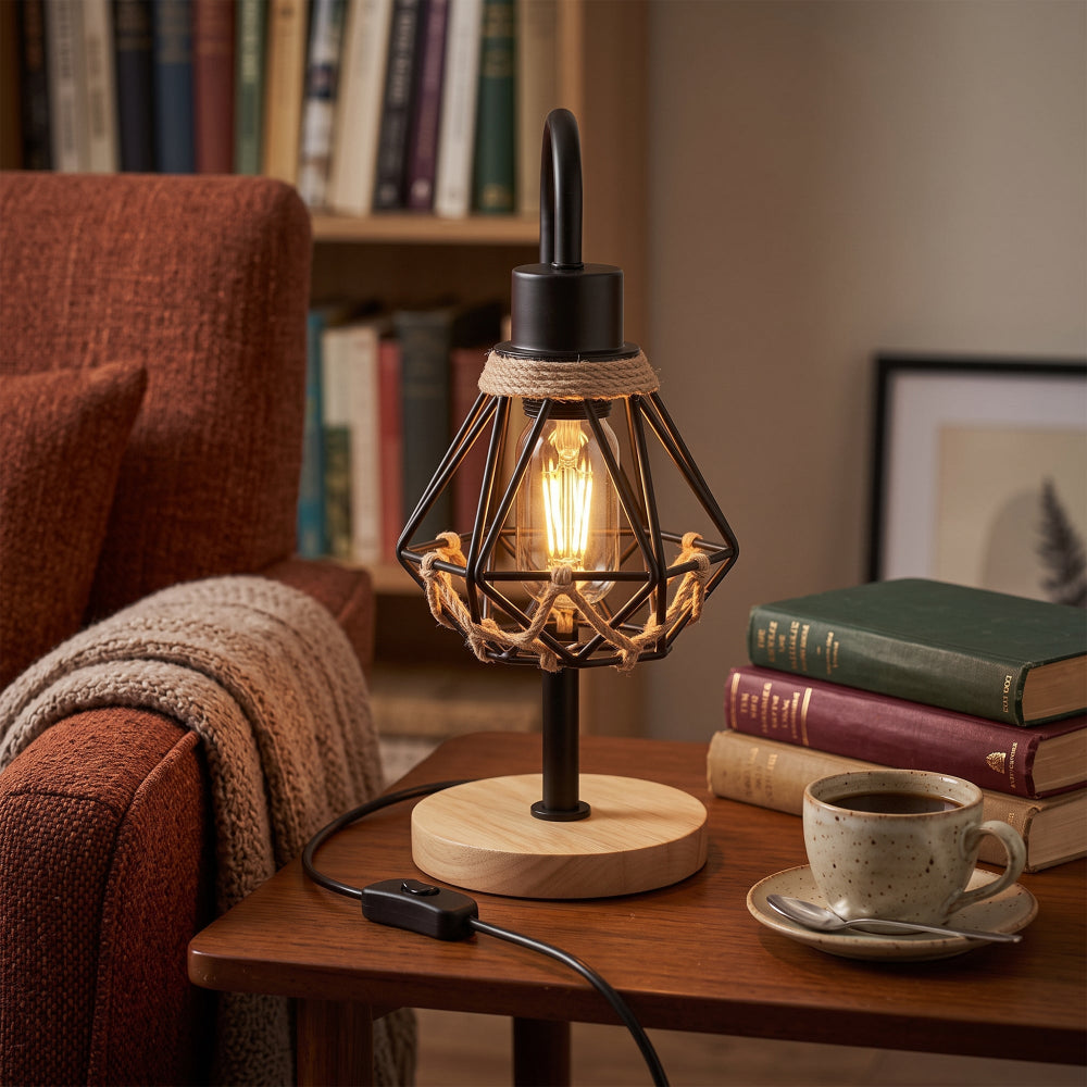 Natural wood table lamp with E27 fitting, inline switch and 3 pin plug