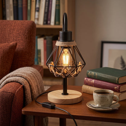 Natural wood table lamp with E27 fitting, inline switch and 3 pin plug