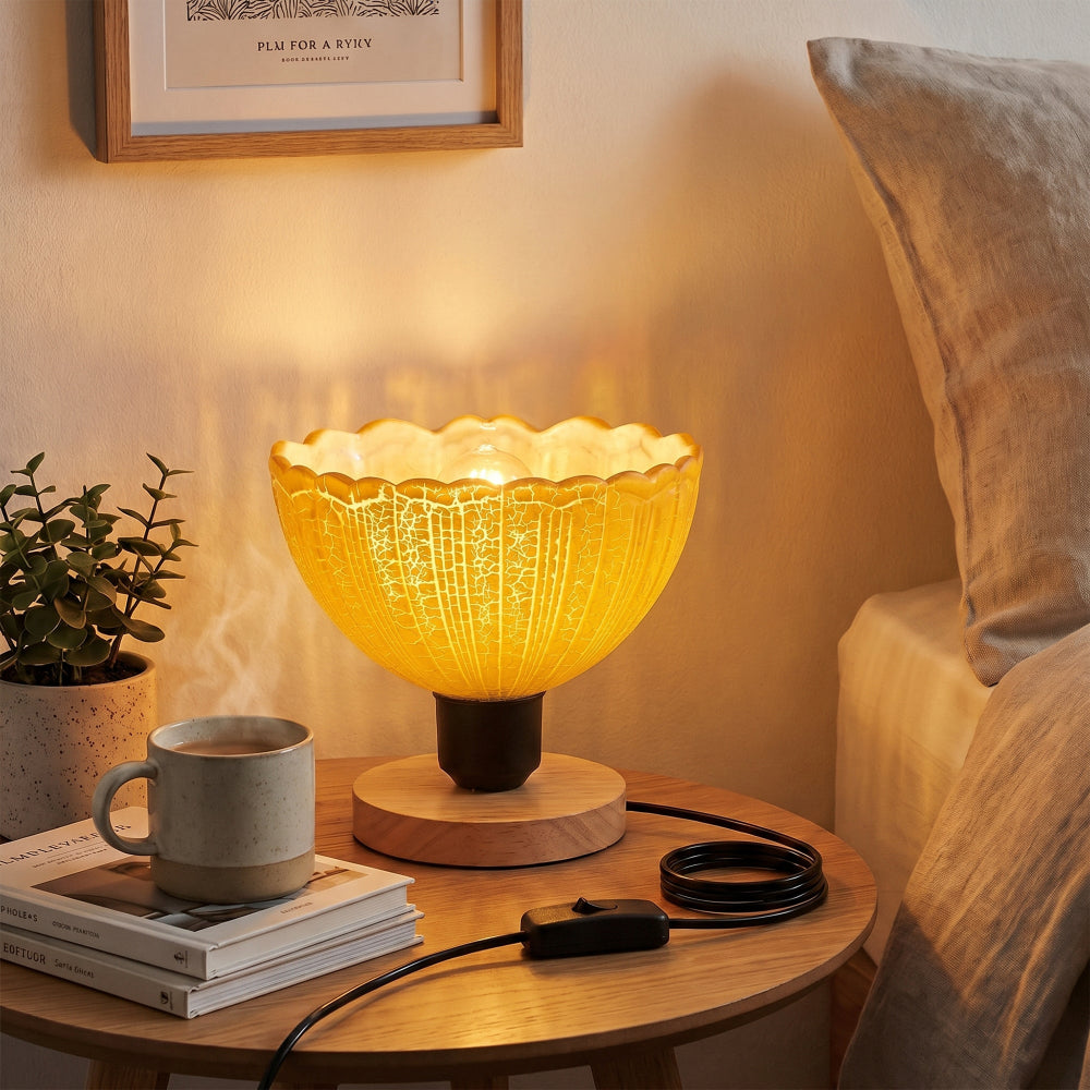Natural wood table lamp with E27 fitting, inline switch and 3 pin plug
