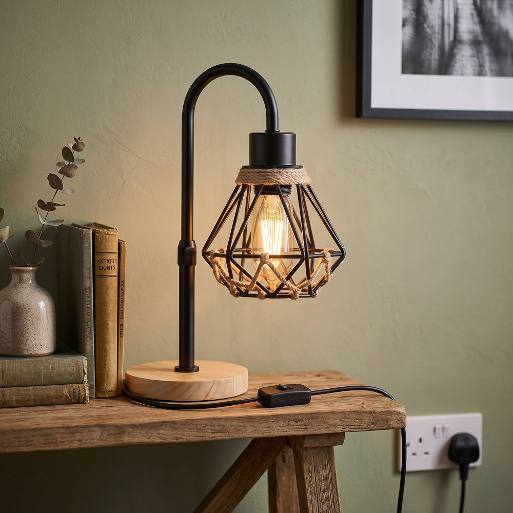 Natural wood table lamp with E27 fitting, inline switch and 3 pin plug