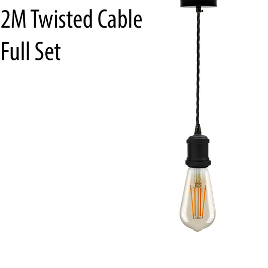 Vintage Matt Black Metal Ceiling Fitting Black Twisted Braided Flex 2m E27 Lamp Holder Pendant Light~2716