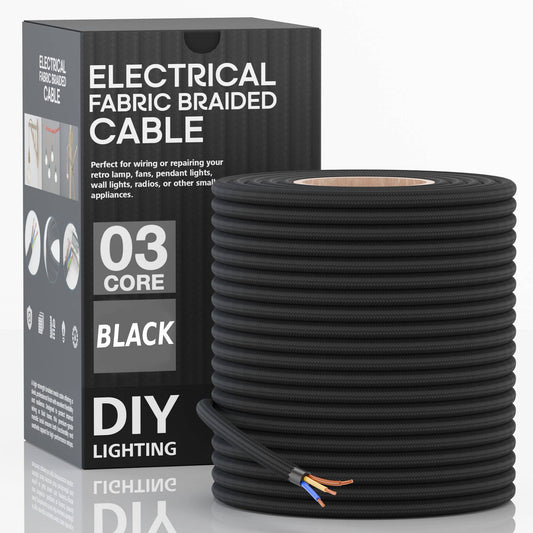 3 Core 0.75mm Round Fabric Electrical Cable Black~1094 - Vintagelite