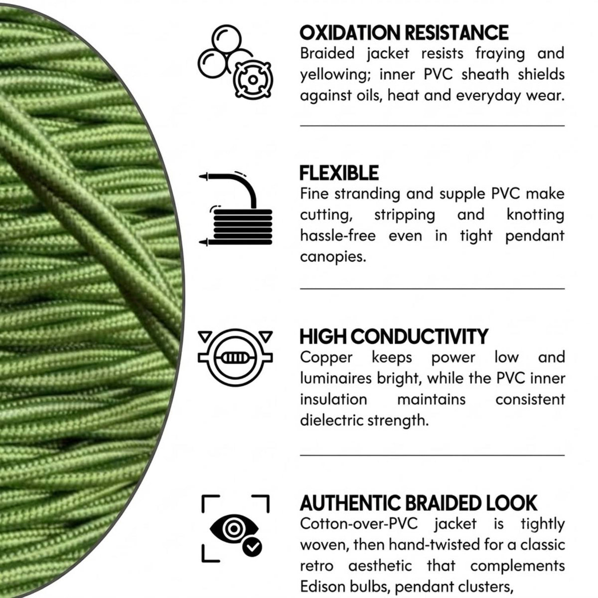5m / 16.4ft 3 Core Electrical Cable Braided Cable LEDSone~4073