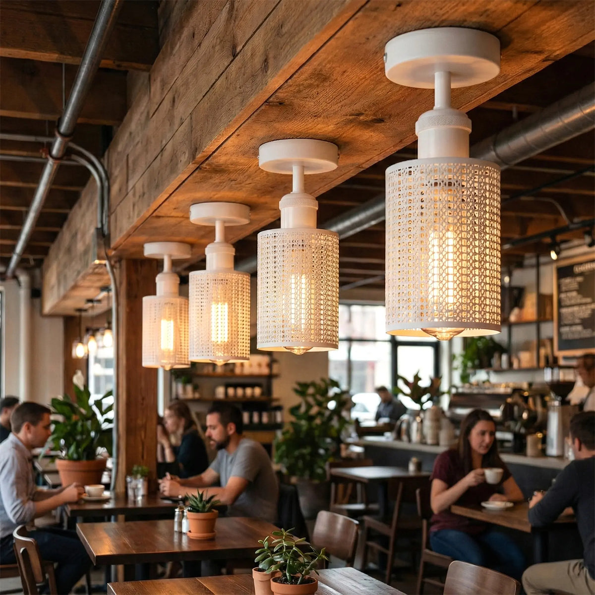 Interior of a cozy restaurant with wooden beams, hanging lights, and patrons dining.