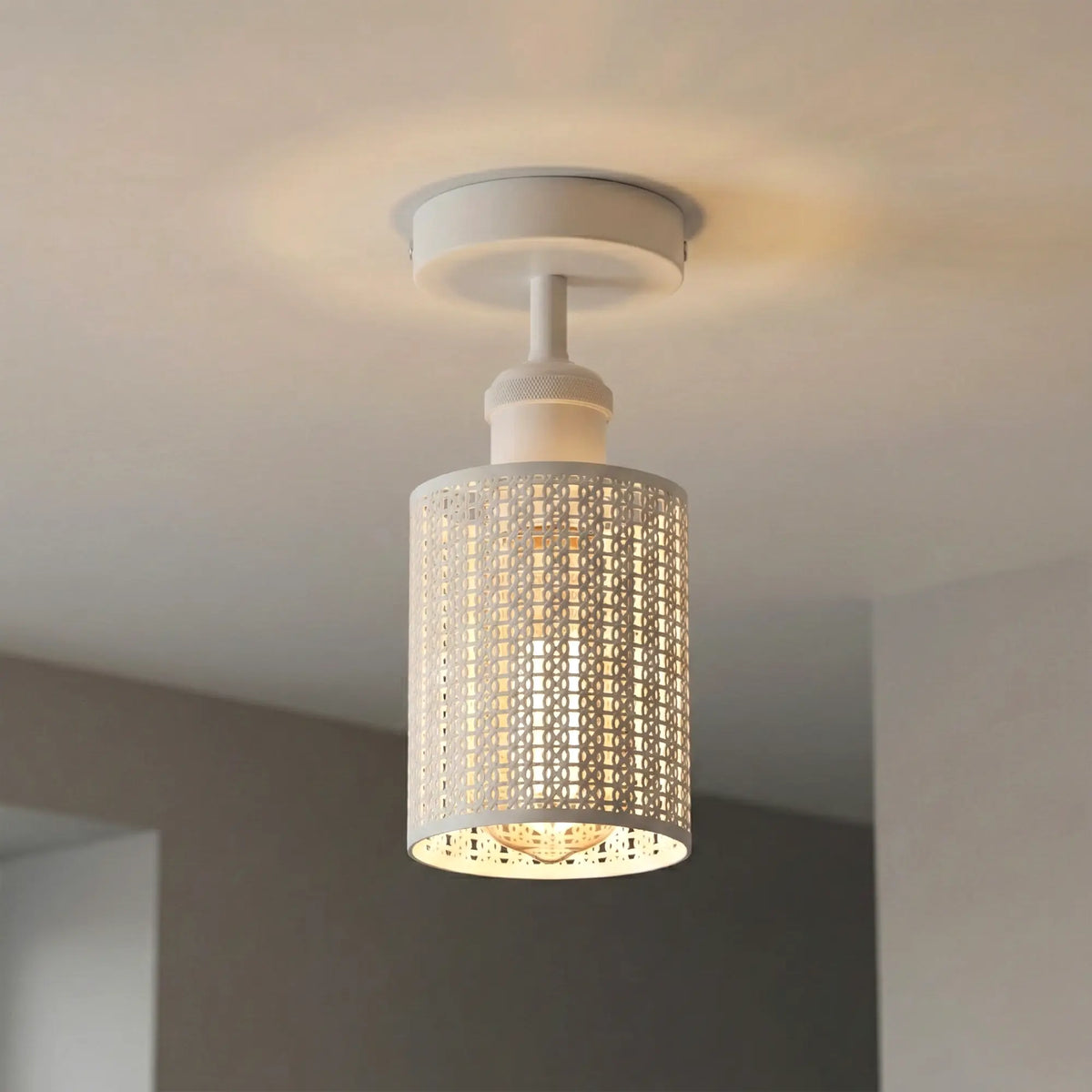 Ceiling light fixture with decorative shade on a neutral ceiling