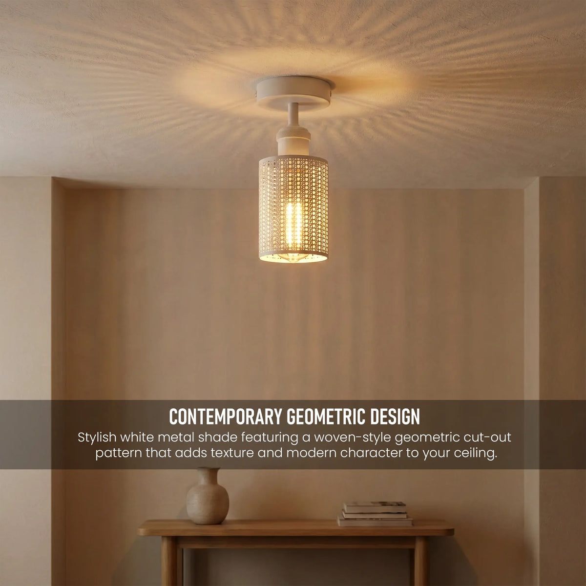 Ceiling light fixture with woven design in a room setting