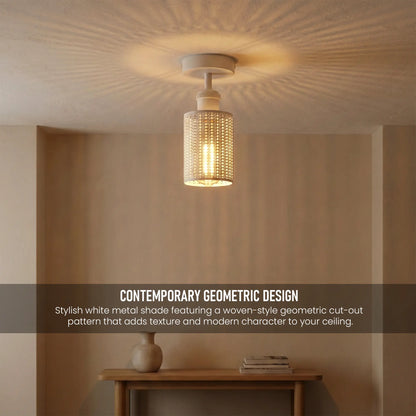 Ceiling light fixture with woven design in a room setting