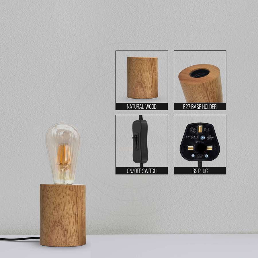 Solid Wood Table Lamp Base E27 220V Wooden 3 Pin Plug In Light - Details