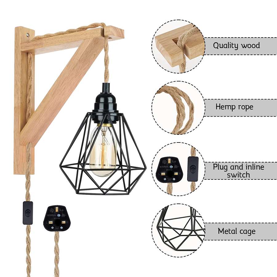 Retro Style Wood Hemp Rope Hanging Wall Lamp with Wood & Metal Diamond Cage in Black - instructure image