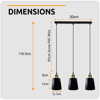 E27 adjustable 3 head black ceiling light 95cm