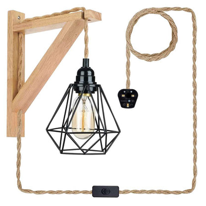 Retro Style Wood Hemp Rope Hanging Wall Lamp with Wood & Metal Diamond Cage in Black