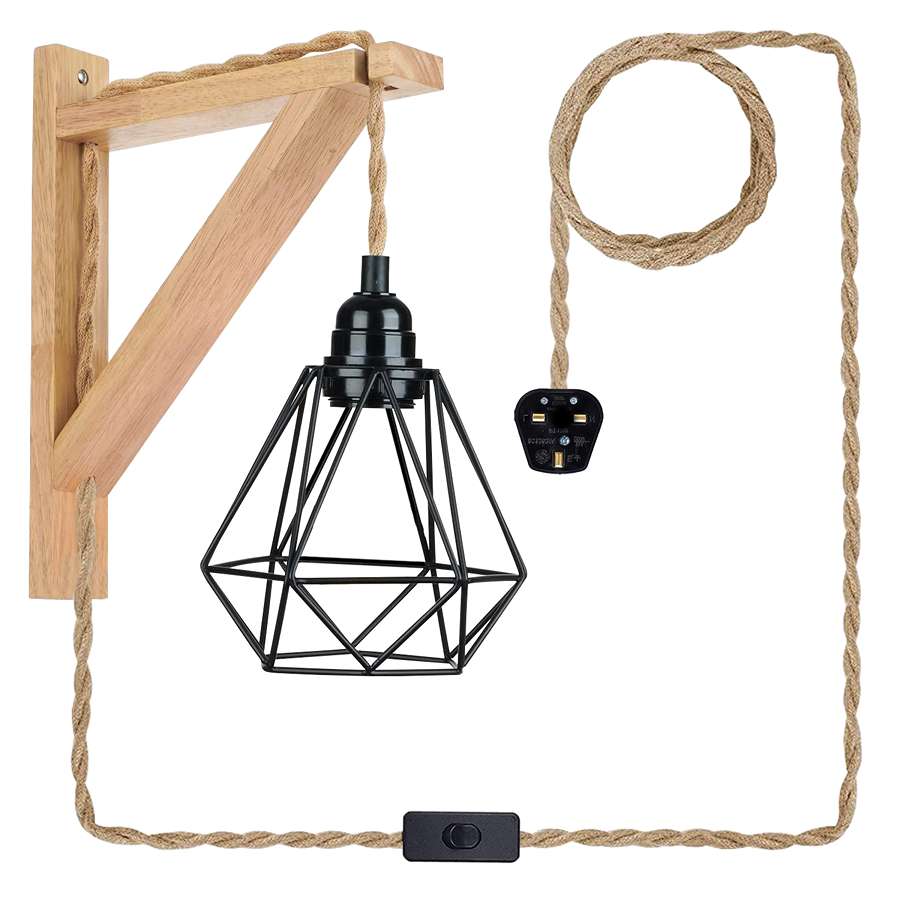 Retro Style Wood Hemp Rope Hanging Wall Lamp with Wood & Metal Diamond Cage in Black