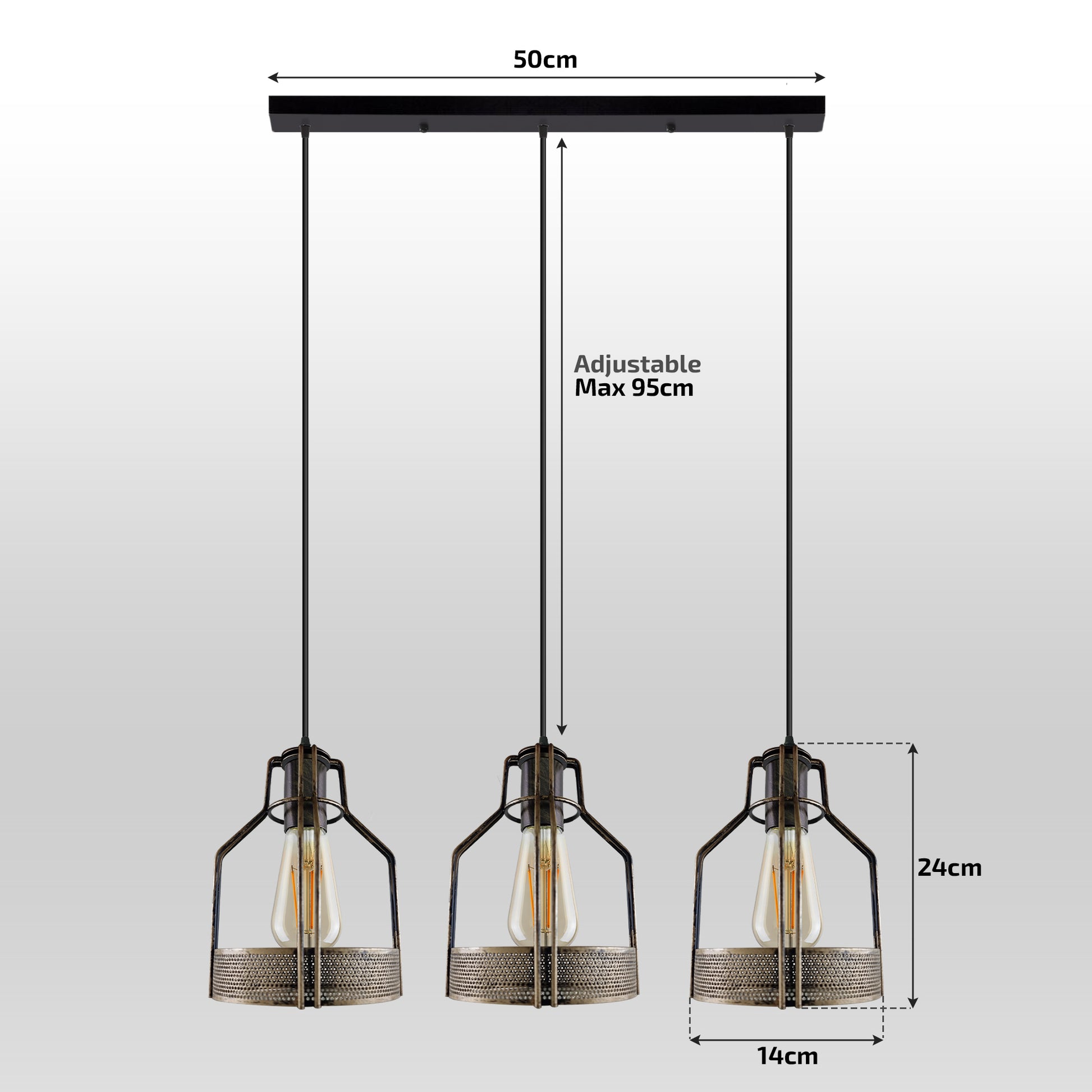 3 Way Ceiling Pendant Light Cage Rectangle Light Fitting - Size