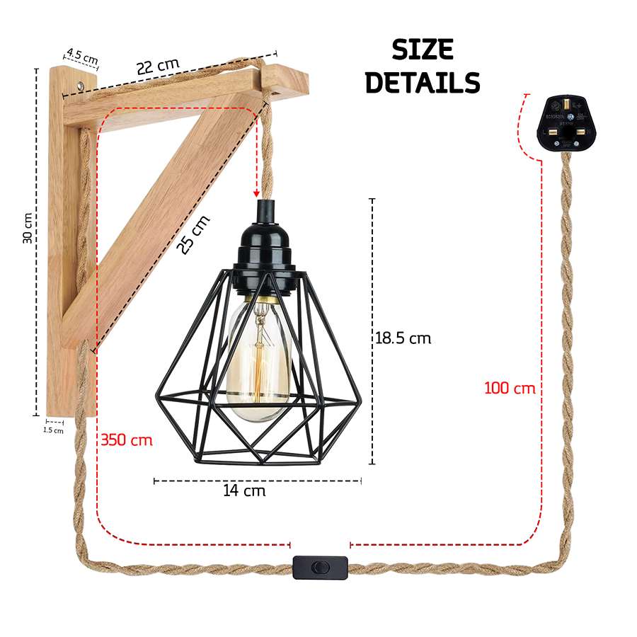 Retro Style Wood Hemp Rope Hanging Wall Lamp with Wood & Metal Diamond Cage in Black - Size  image  