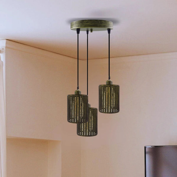 Industrial Drum Brushed Brass Metal 3 Way Pendant Cage Light ~2841