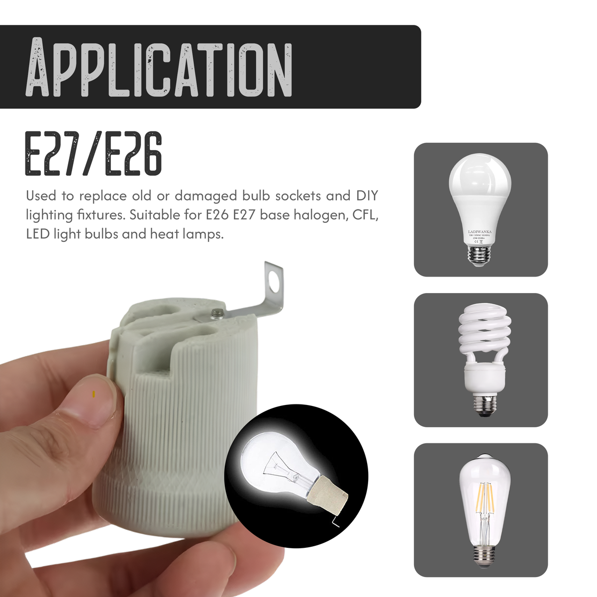E27 Bulb Holder Edison Screw White Ceramic Porcelain Lamp Holder ~3239