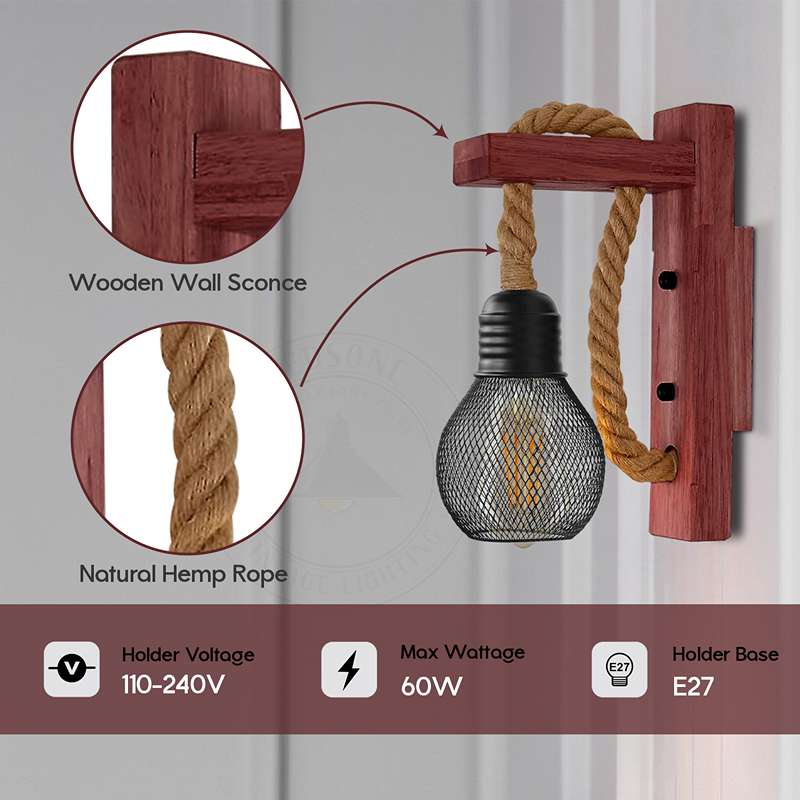 Rectangle design wooden hemp wall lamp- detail image