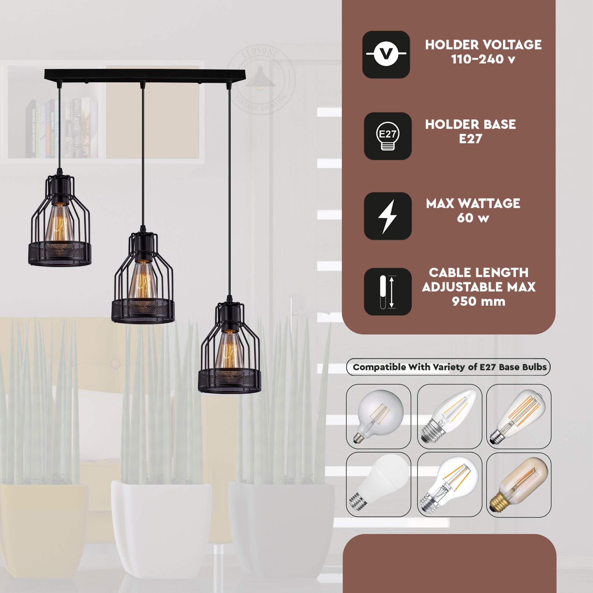 Industrial 3 Way Industrial Cage Rectangle Pendant Light - Detail Image 