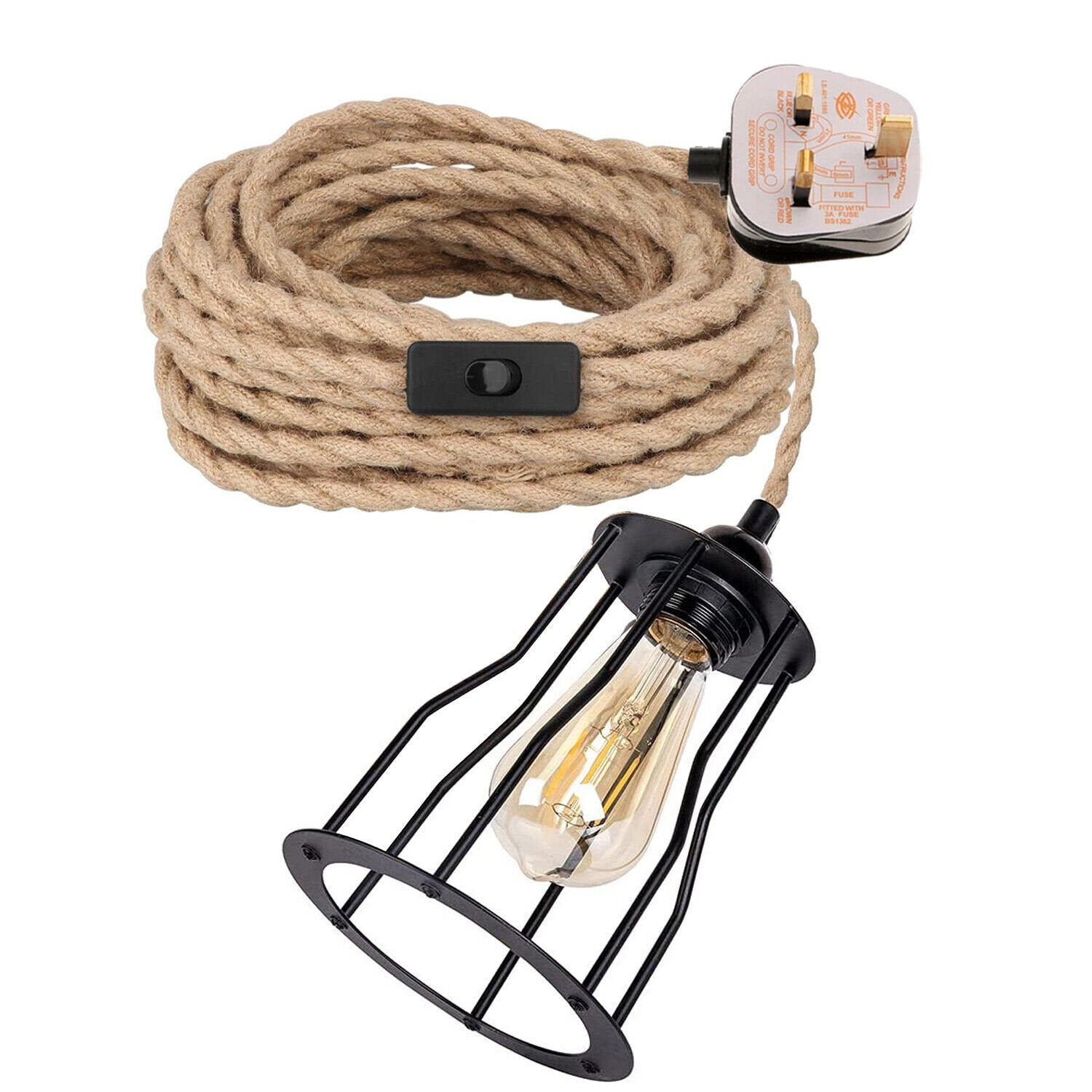 Hemp rope Cable Plug In Light Set E27 Black Cage 