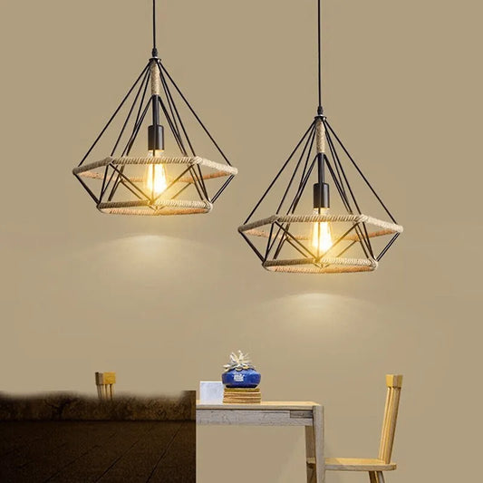   Diamond Cage Hemp Ceiling Light Metal Lampshade Fitting- Application image