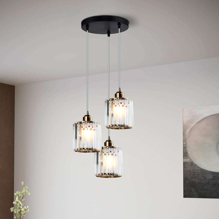 Modern 3-Light Clear Crystal Shade Pendant Light with Metal and Crystal Chandeliers in Round Canopy-Application image
