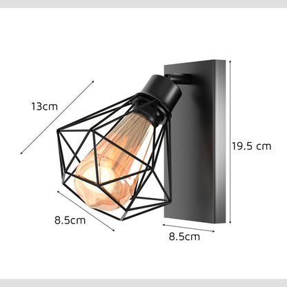  Retro Diamond Cage Wall Light Metal Sconce-E27 Adjustable Black Spotlight-Size image.JPG