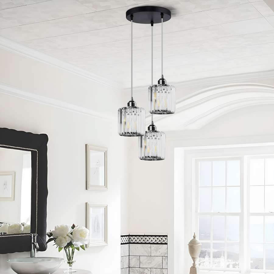 Modern 3-Light Clear Crystal Shade Pendant Light with Metal and Crystal Chandeliers in Round Canopy-Application image