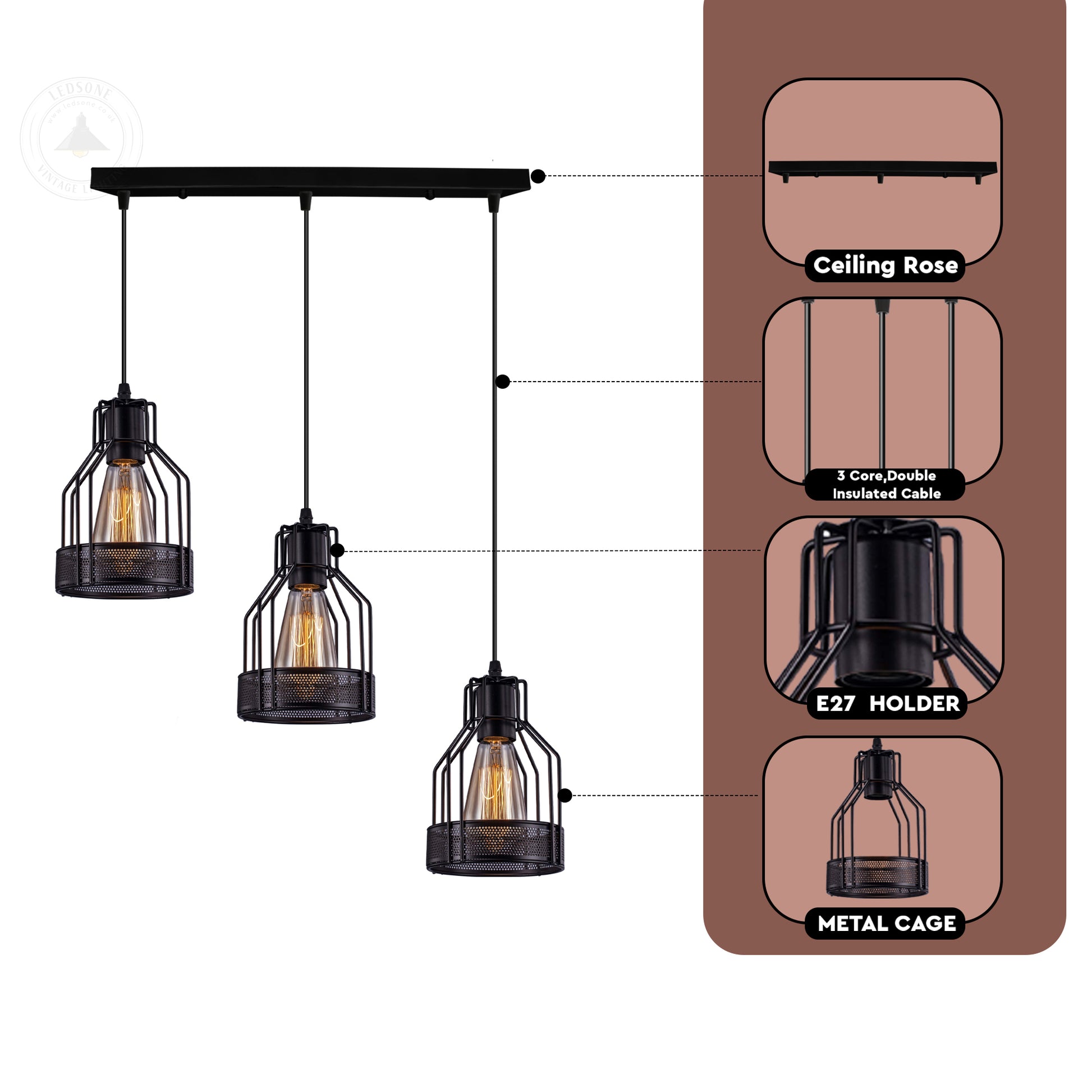 Industrial 3 Way Industrial Cage Rectangle Pendant Light - Detail Image 
