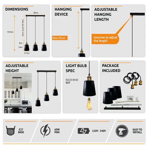 retro black 3 pendant ceiling light