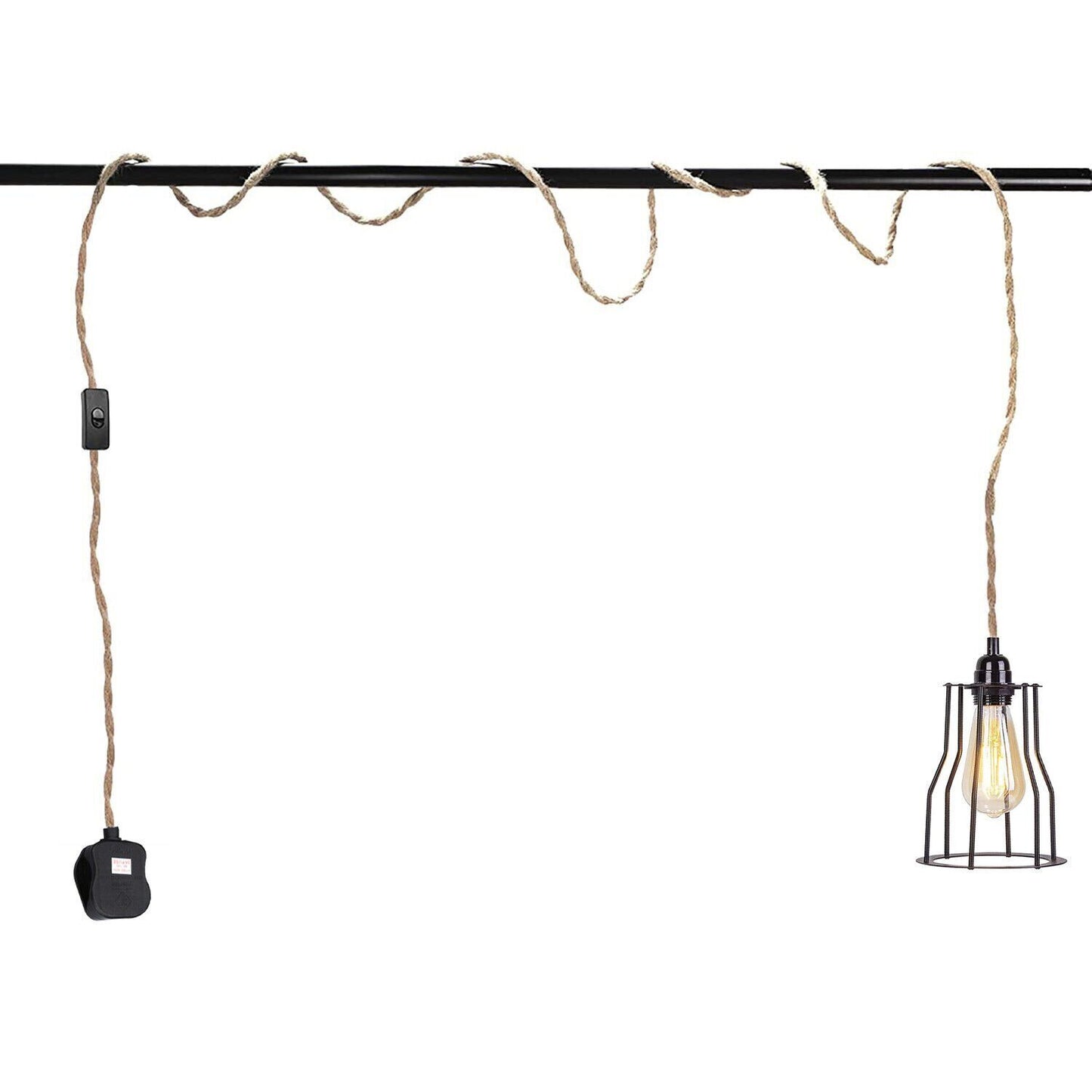 Hemp Rope Lighting Cable Plug In Light Set E27 Black Cage ~2595
